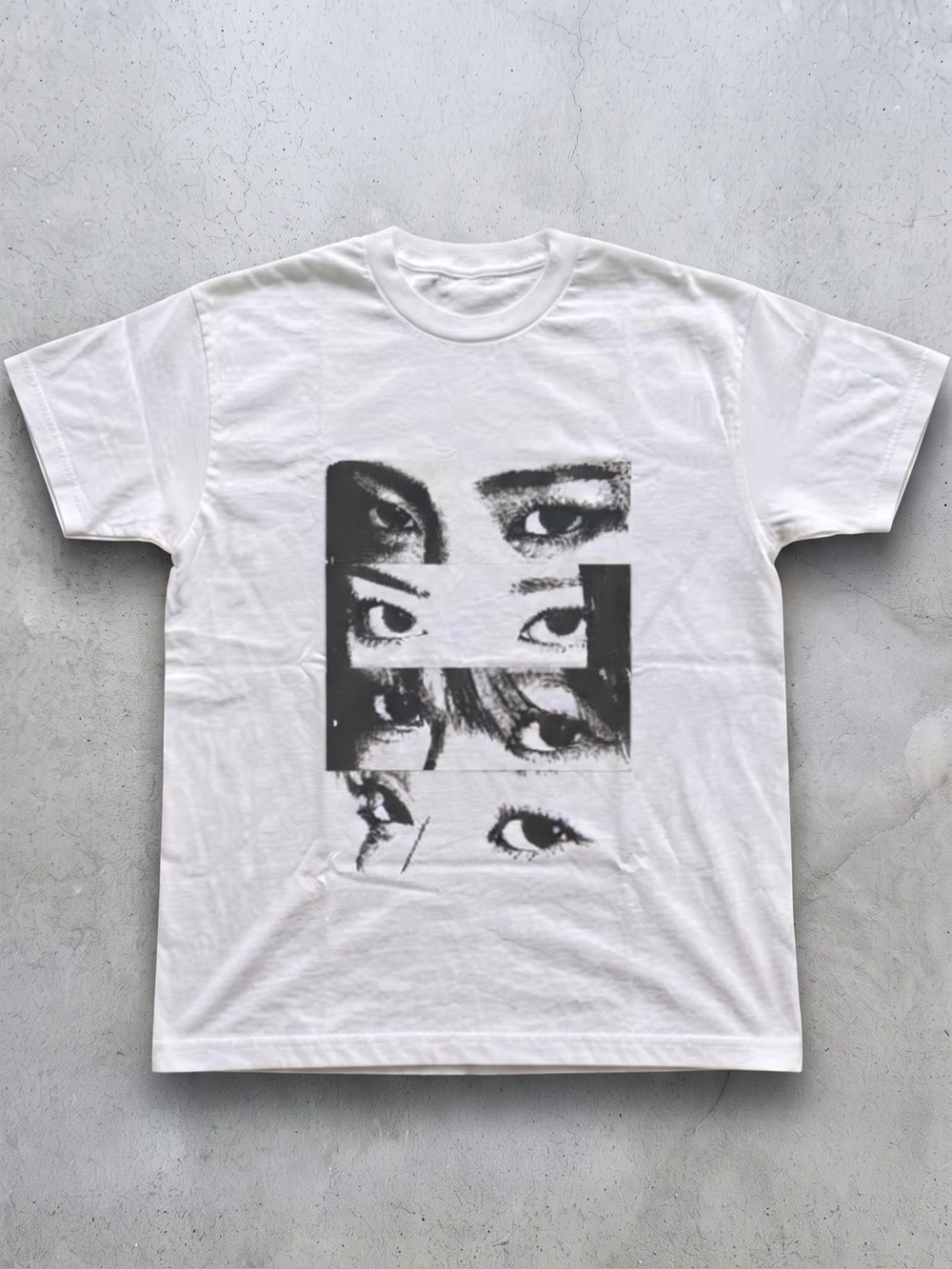 White Graphic Tee with Black Eye Collage